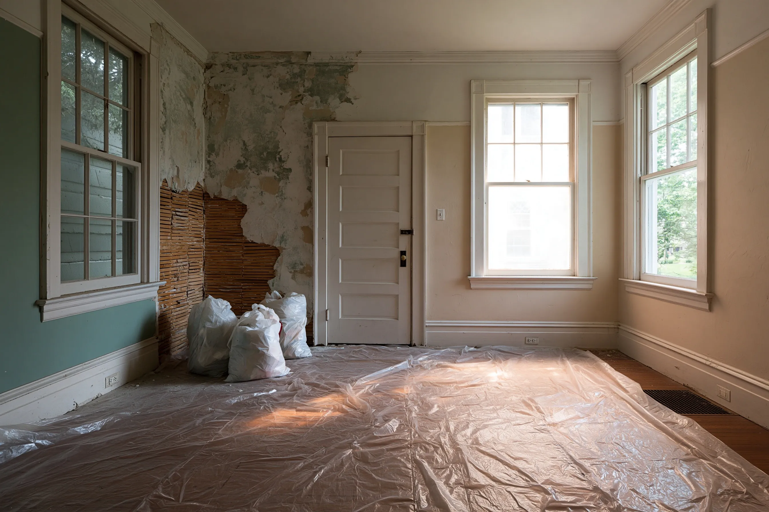 A 1930s bedroom with plaster partly removed down to the wood lath and plastic sheeting over the floor