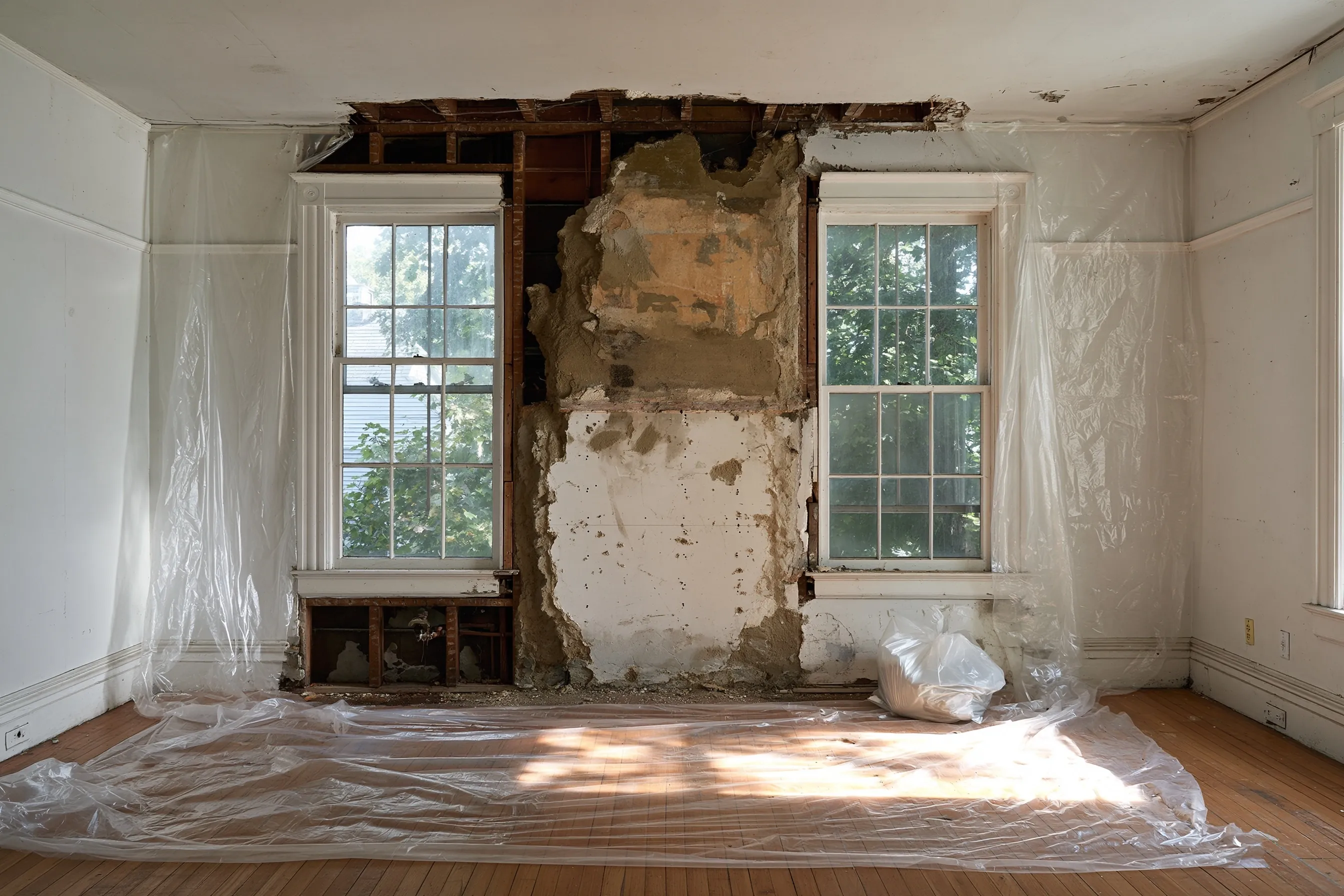 A room with plastic sheeting where a section of old plaster wall between two windows has been broken out to the framing