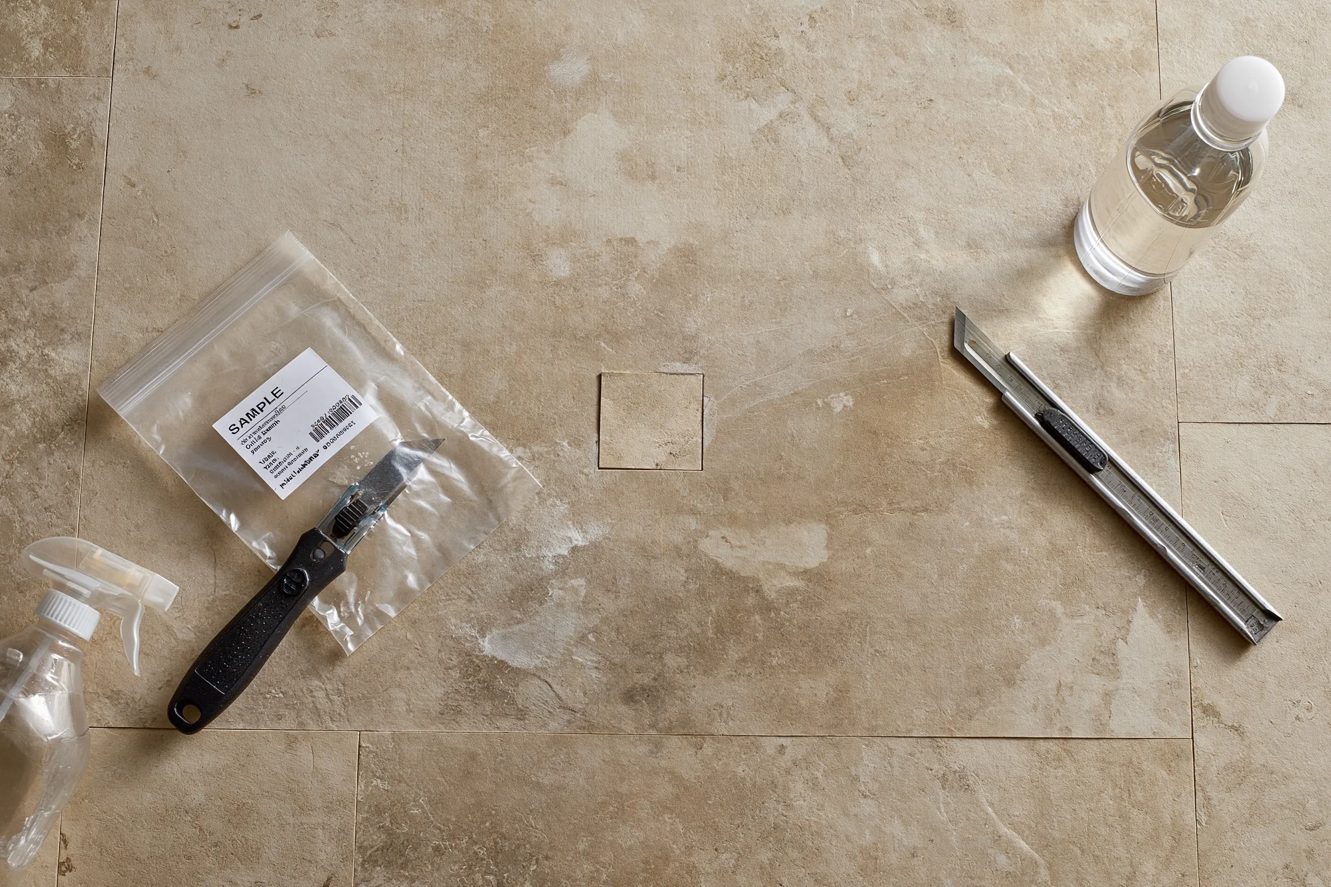 A sample bag, a scraper and a utility knife beside a small square cut in a tile floor